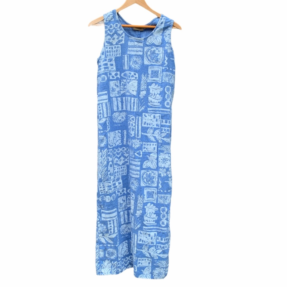 I.V.Y Blue Floral Sleeveless Linen Maxi Dress M